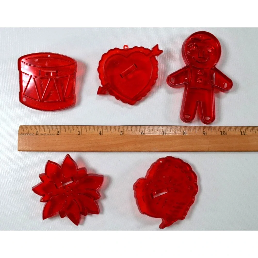 Lot of 5 Vintage Holiday Red Plastic Cookie Cutters Heart,‎ Drum, Flower, Turkey
